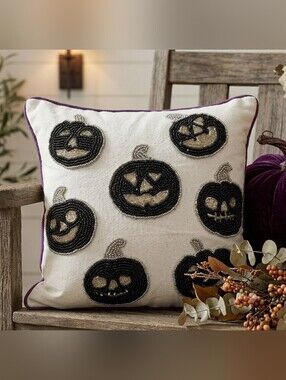 Spooky Night Halloween Jack Pumpkin Faces White Silver & Black Beaded Pillow 12"